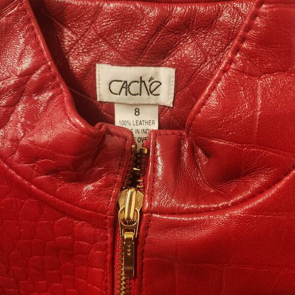 Vintage Cache croc embroidered red leather skirt suit size 8 - Picture 8 of 12